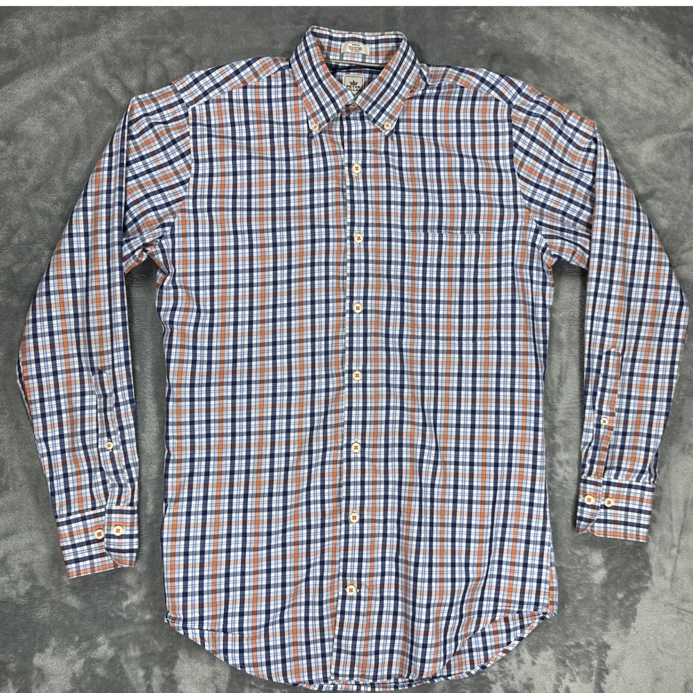 Peter Millar Mens Plaid Button Down Shirt Small Navy Orange‎ Cotton MF15W100CBL